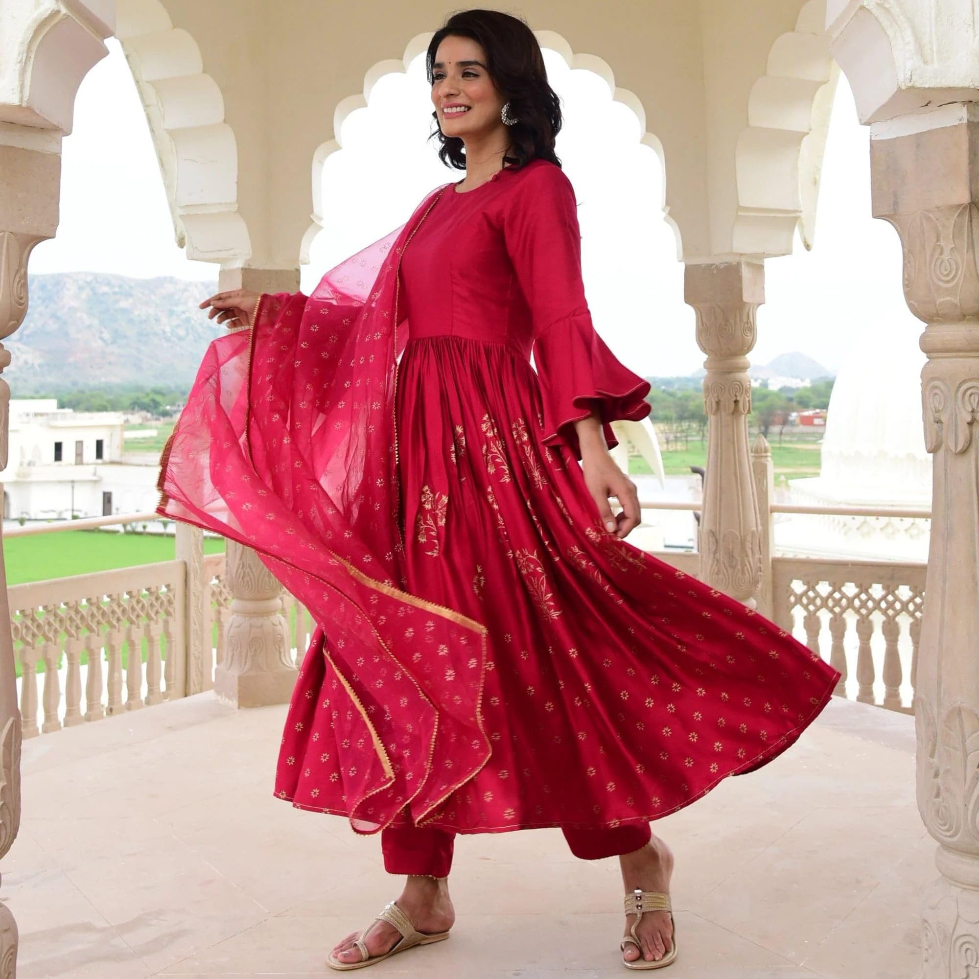 ANNI DESIGNER Womens Rayon Blend Anarkali Printed Kurta with Pant & Dupatta (KUNDAVAI Pink_XXL_Pink_XX-Large)