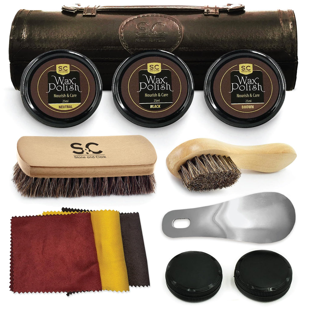 Stone & Clark 12PC Shoe Polish & Care Kit, Leather Shoe Shine Kit with Brown Wax, Shoe Brushes for Polishing, Shine Cloth & Shoe
