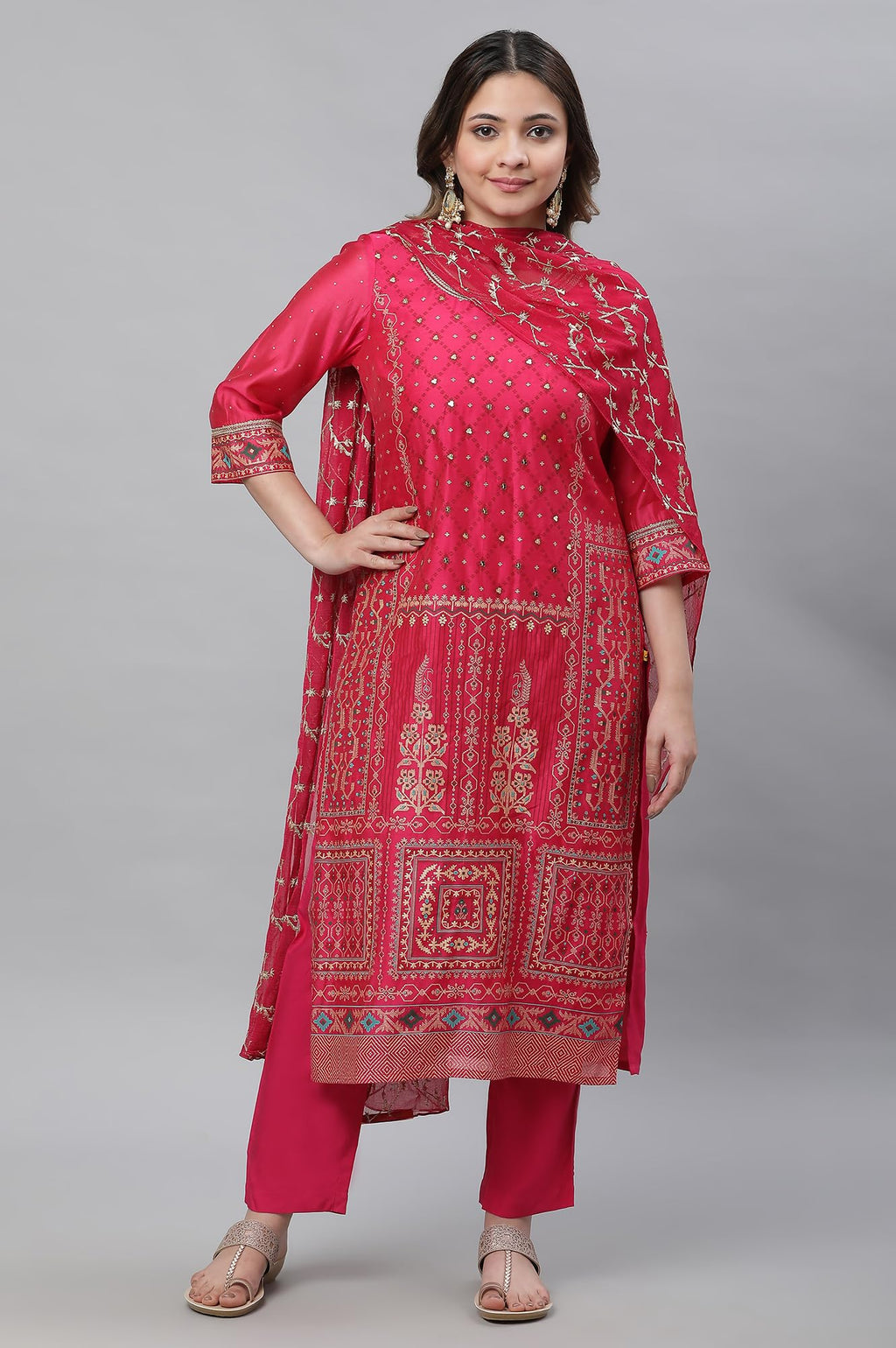 Aurelia Pink Abstract Printed Geometric Printed Blend Kurta Dupatta Bottomwear