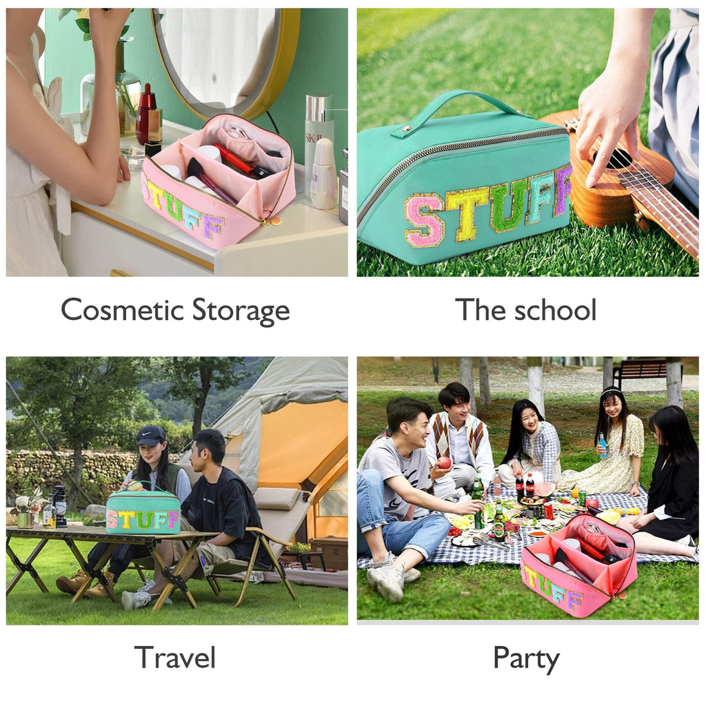 LONEDREAM 3Pcs Stoney Clover Preppy Makeup Bag, Stuff Bag Travel Makeup Cosmetic Bag, Chenille Letter Patch Open Flat Nylon Pouc