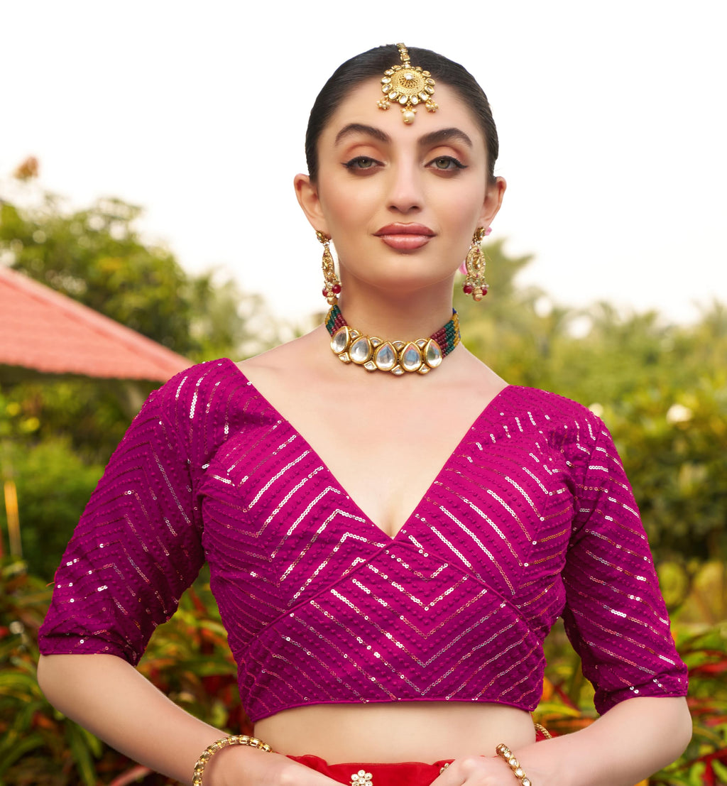 Pujia Mills Womens Fancy Readymade Georgette Half Sleeve Sequins Saree Blouse