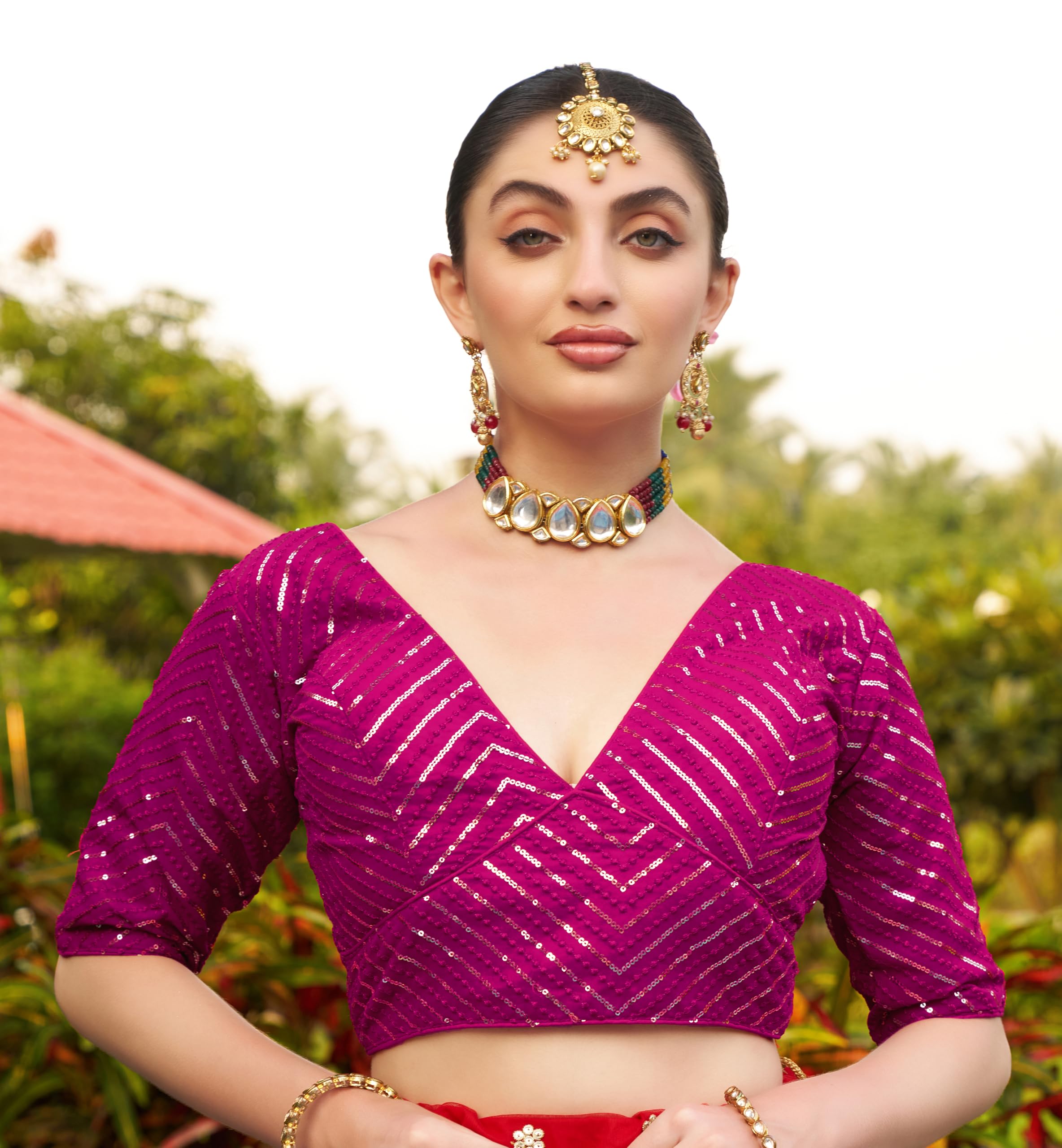 Pujia Mills Womens Fancy Readymade Georgette Half Sleeve Sequins Saree Blouse