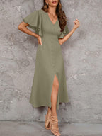 Shasmi Girls & Womens Pista Pleated Midi Dress with Flutter Sleeves | V-Neck Western Dress for Women | Elegant A-Line Summer O
