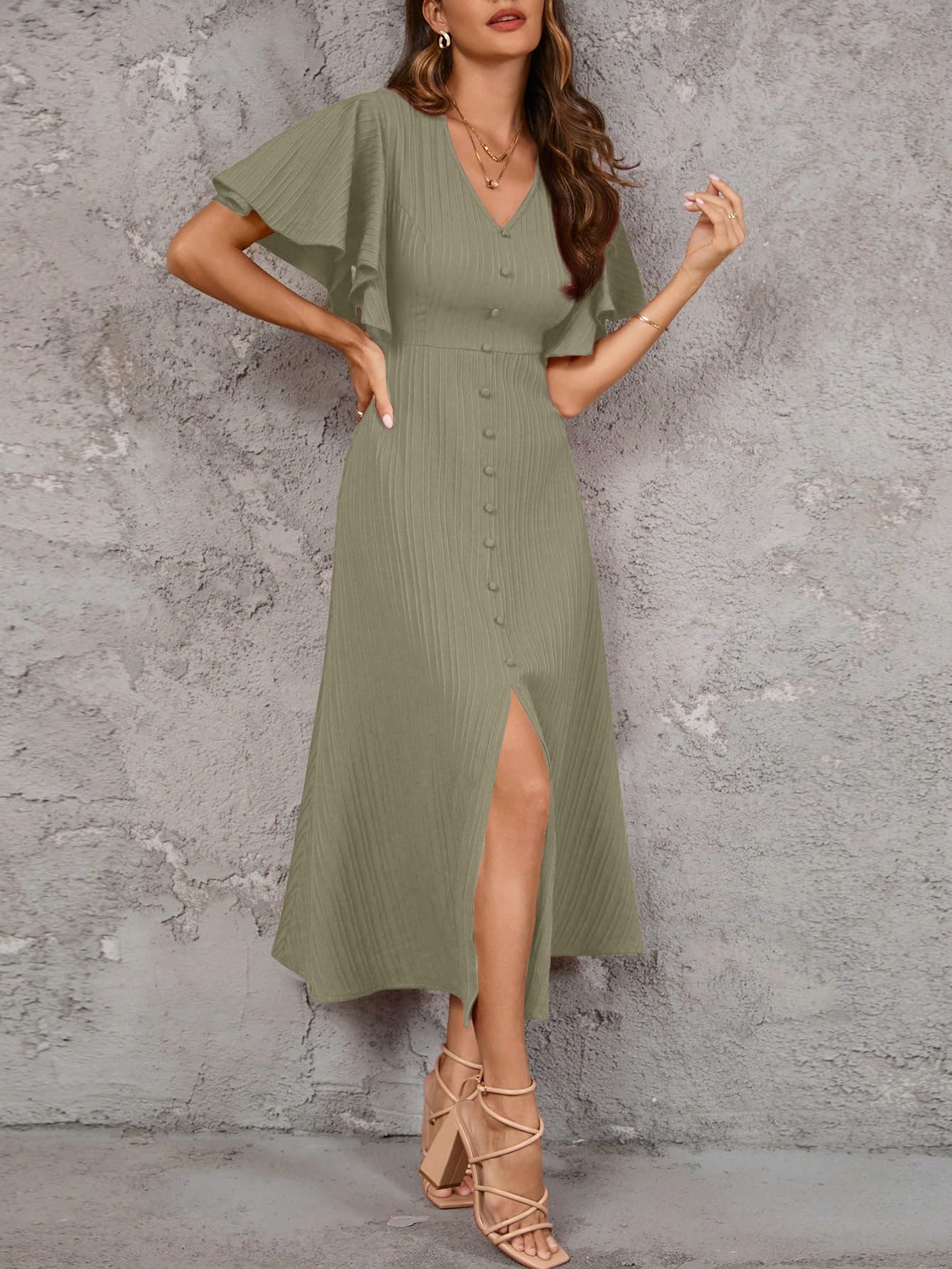 Shasmi Girls & Womens Pista Pleated Midi Dress with Flutter Sleeves | V-Neck Western Dress for Women | Elegant A-Line Summer O