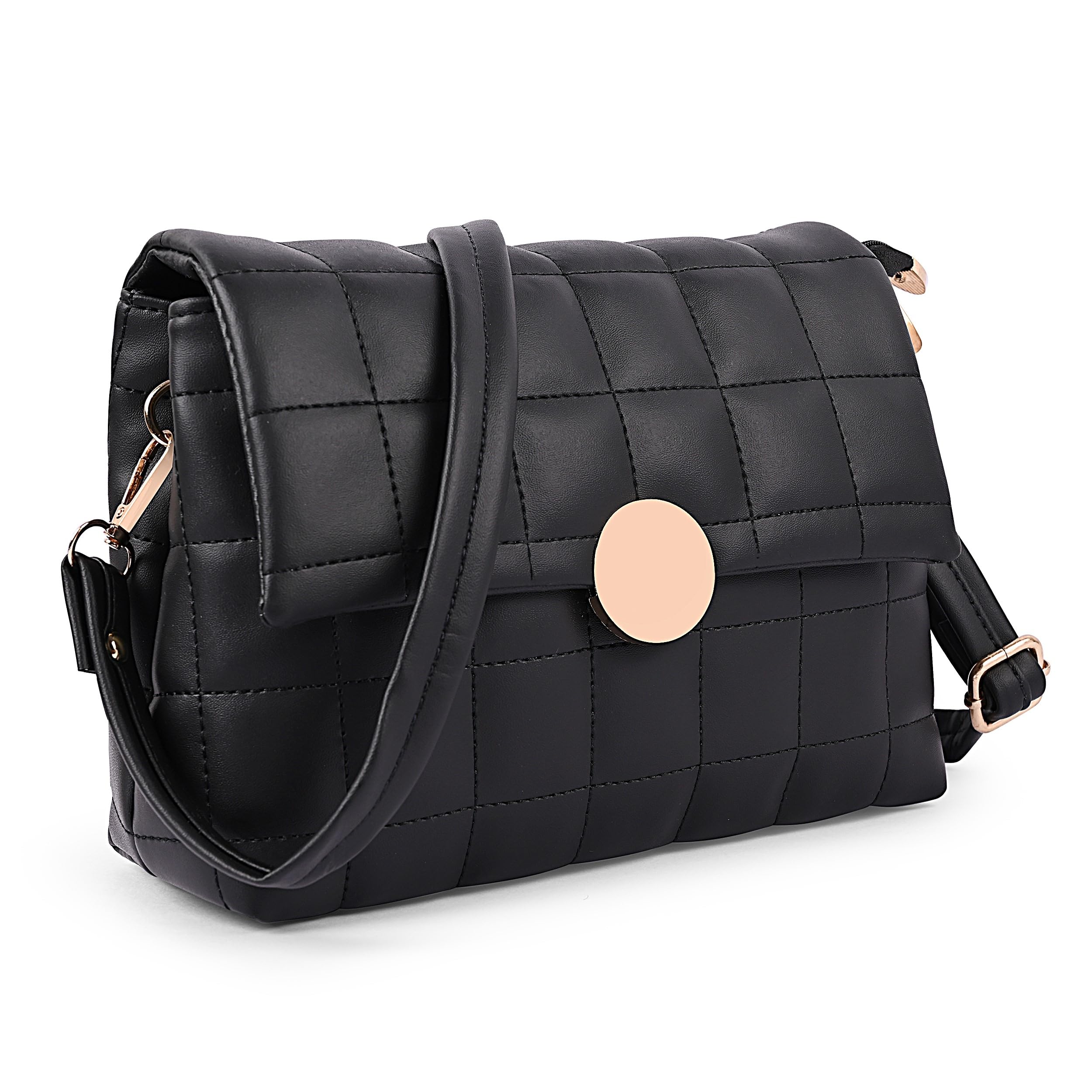 ADISA Womens Girls Quilted Cross Body Sling Bag with Height Adjustable Belt (SL5144_Black)