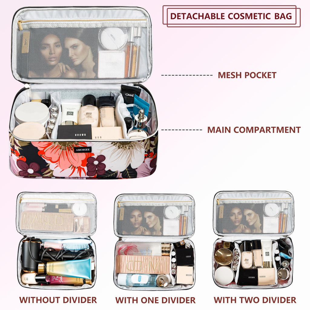 AMOIGEE Large Travel Makeup Bag Organizer, Double Layer Train Case, Toiletry Bag for Makeup Brushes, Full Size Bottles, Palettes