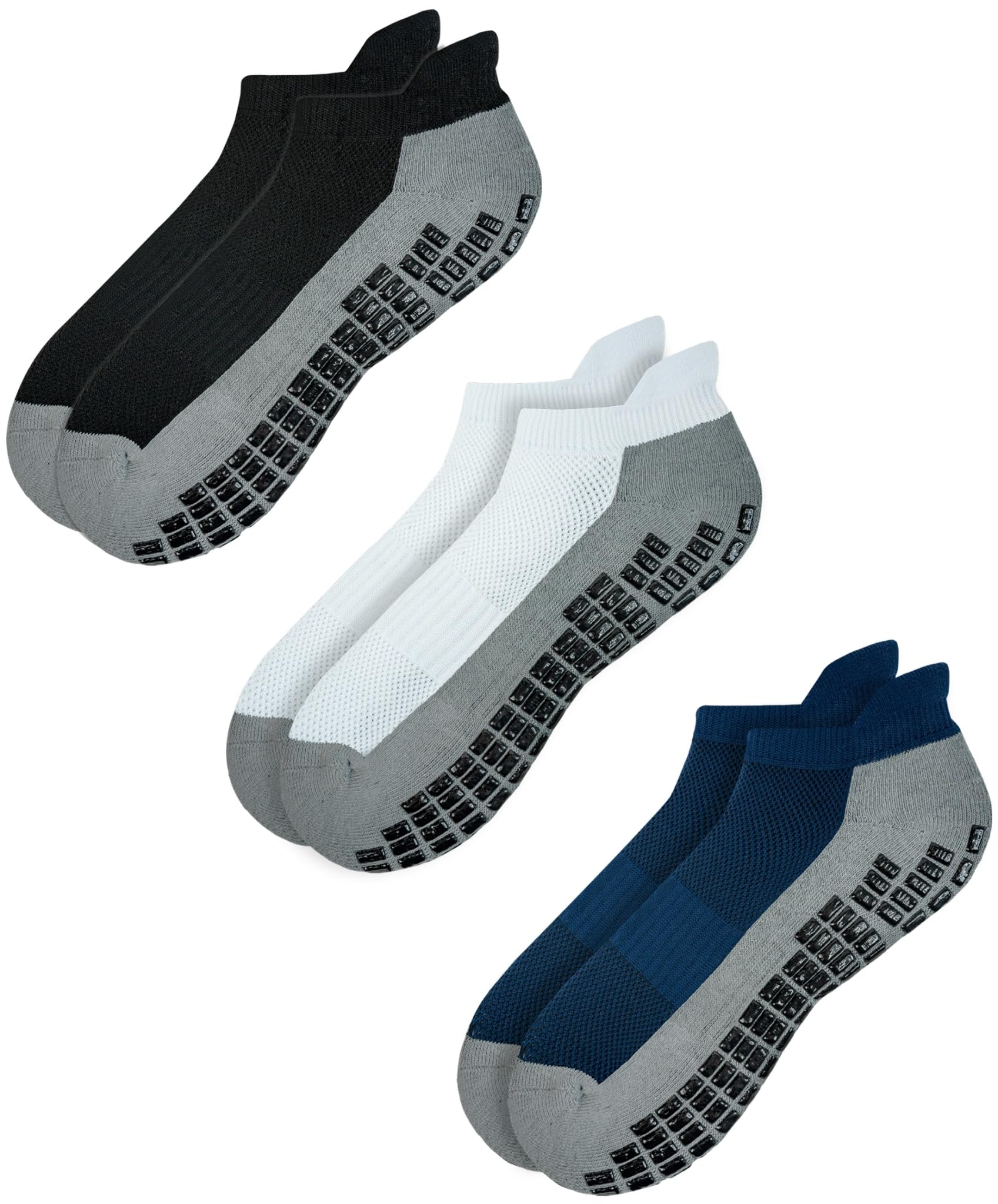 RATIVE Super Grips Anti Slip Non Skid Yoga Hospital Socks for Adults Men Women (Medium, 3-Pairs/Black+White+Navy)