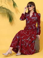 Sheetal Associates WomenS Casual Full Sleeve Crepe Fit & Flare Dress | Comfortable Relaxed Fit Summer Party Dress Maroon