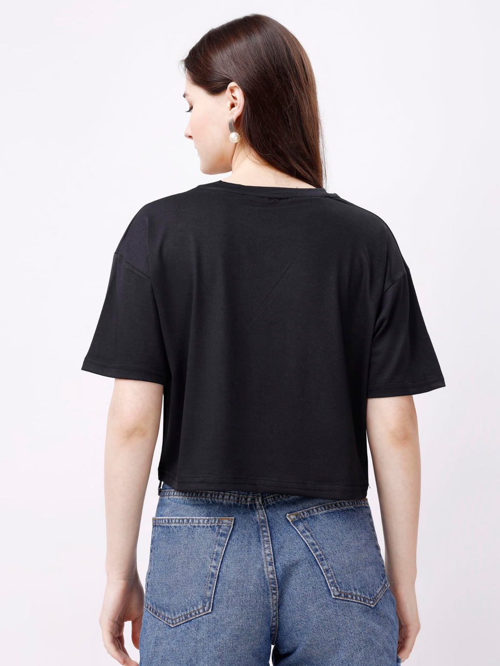 ELLITI Soft Rich Cotton Black Half Sleeve | Round Neck | Oversized/Loose Fit | Down Solder | Plain/Soild Crop Top for Women (Siz