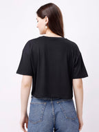 ELLITI Soft Rich Cotton Black Half Sleeve | Round Neck | Oversized/Loose Fit | Down Solder | Plain/Soild Crop Top for Women (Siz
