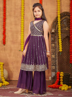 Aarika Girls Ethnic Wear Purple Colour Sequins Zari Embroidery Georgette Kurti Sharara Set (6-16 Years)
