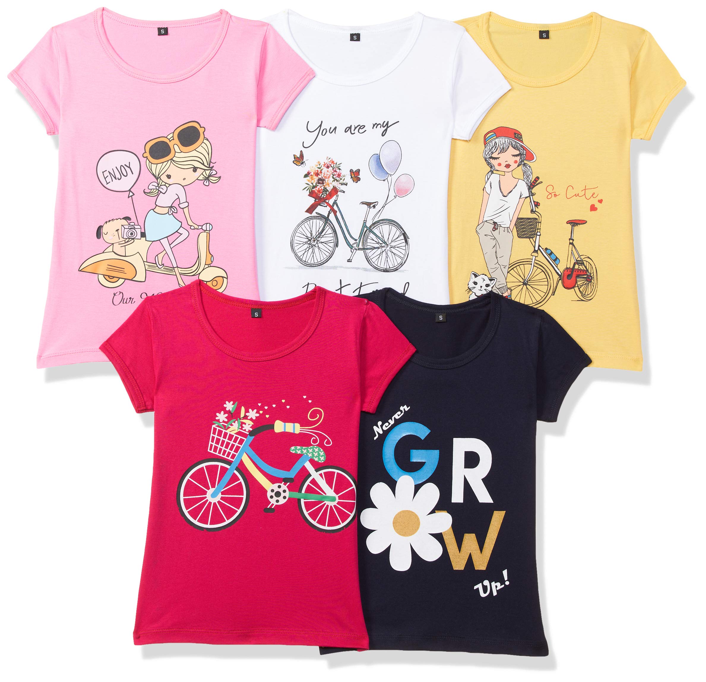 T2F Girls Plain Regular Fit T-Shirt (GLS-TSRT-03_Multicolor 3 5-6 Years)