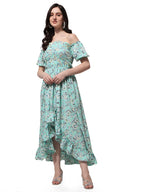 Oomph! Flared Dress For Women Stylish | Long One Piece For Women | Off Shoulder Puff Sleeve Long Dress | Floral Print Maxi One P