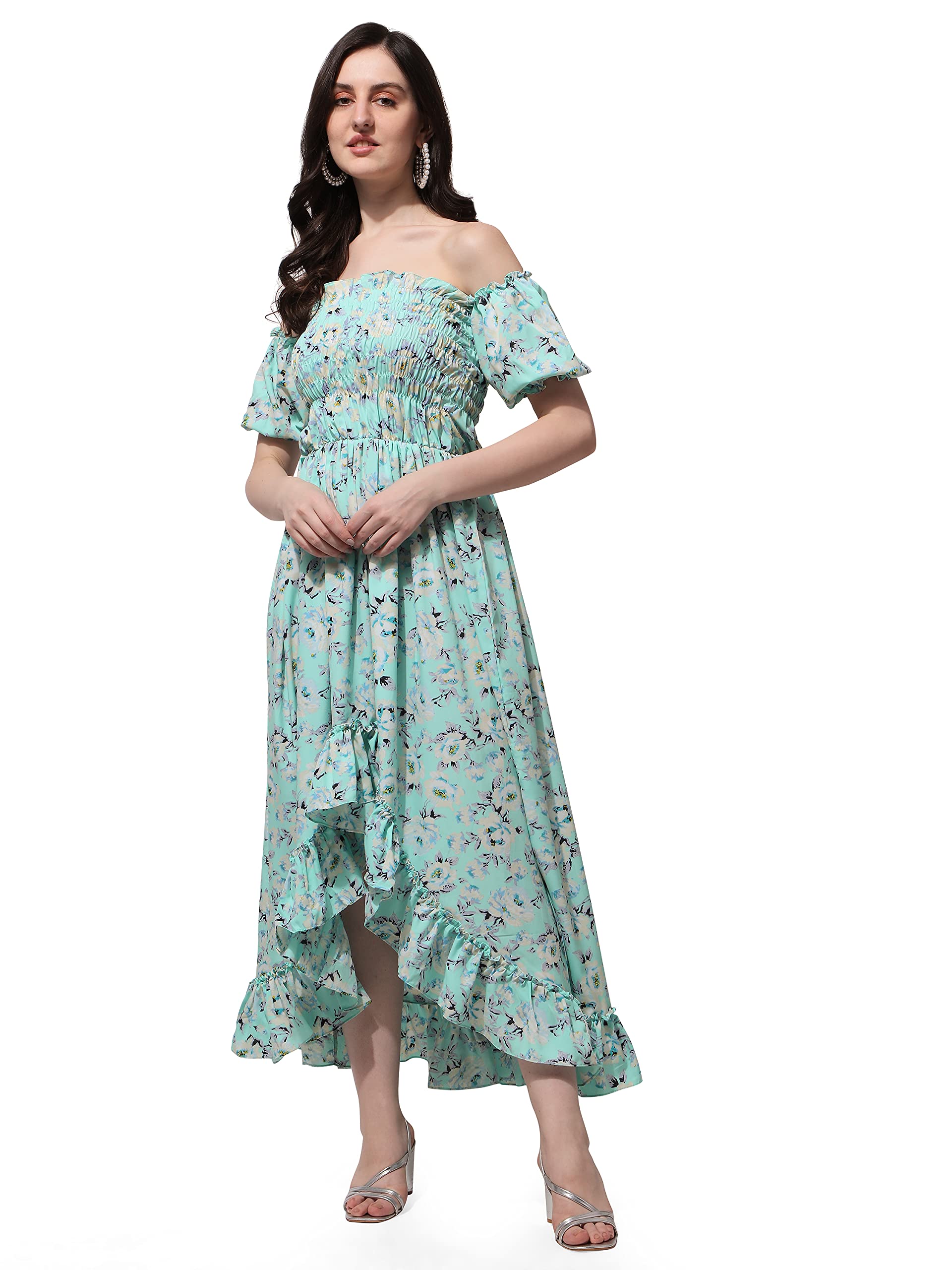 Oomph! Flared Dress For Women Stylish | Long One Piece For Women | Off Shoulder Puff Sleeve Long Dress | Floral Print Maxi One P