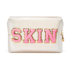 Y1tvei Preppy Patch SKIN Varsity Letter Cosmetic Toiletry Bag PU Leather Portable Makeup Bag Zipper Pouch Storage Purse Waterpro