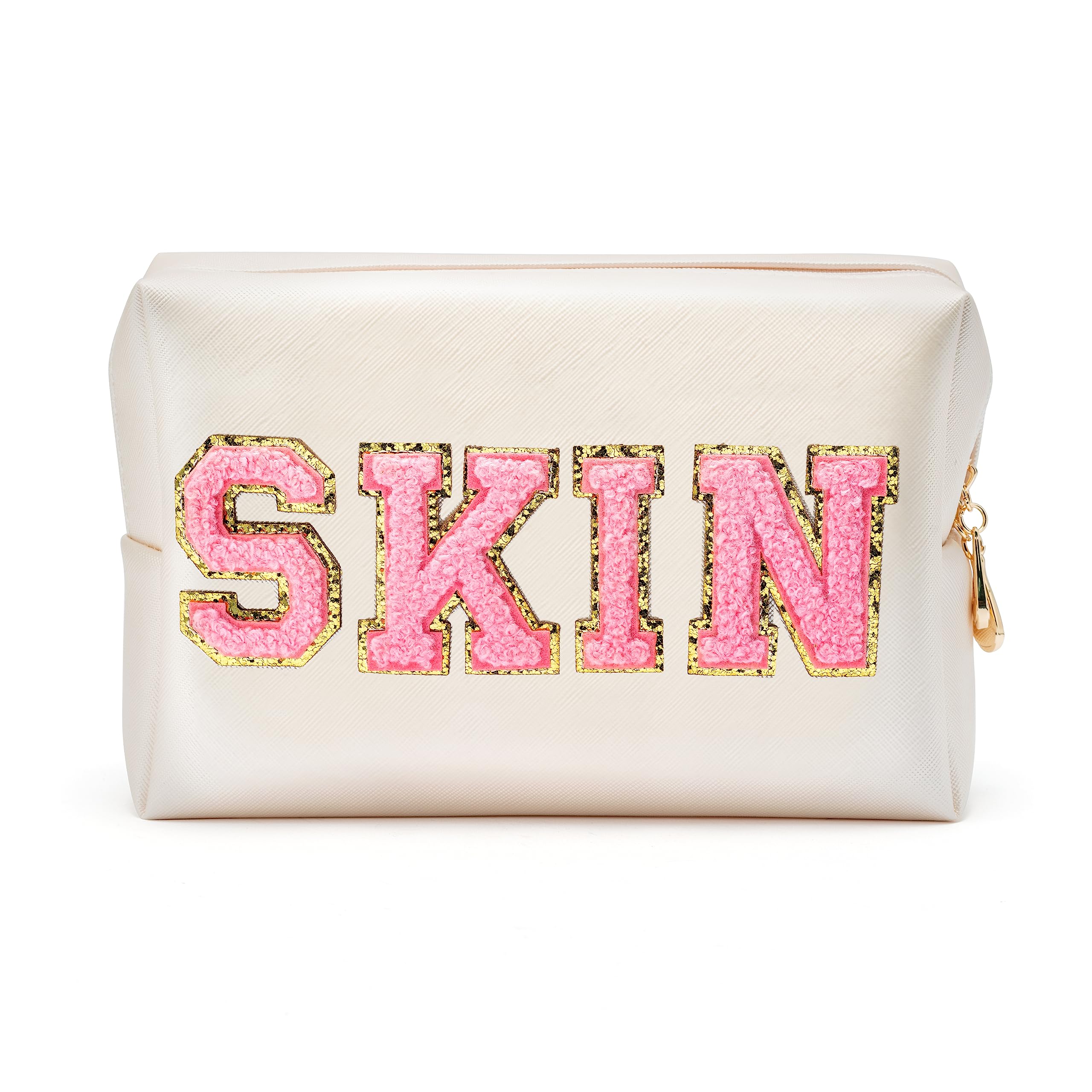 Y1tvei Preppy Patch SKIN Varsity Letter Cosmetic Toiletry Bag PU Leather Portable Makeup Bag Zipper Pouch Storage Purse Waterpro