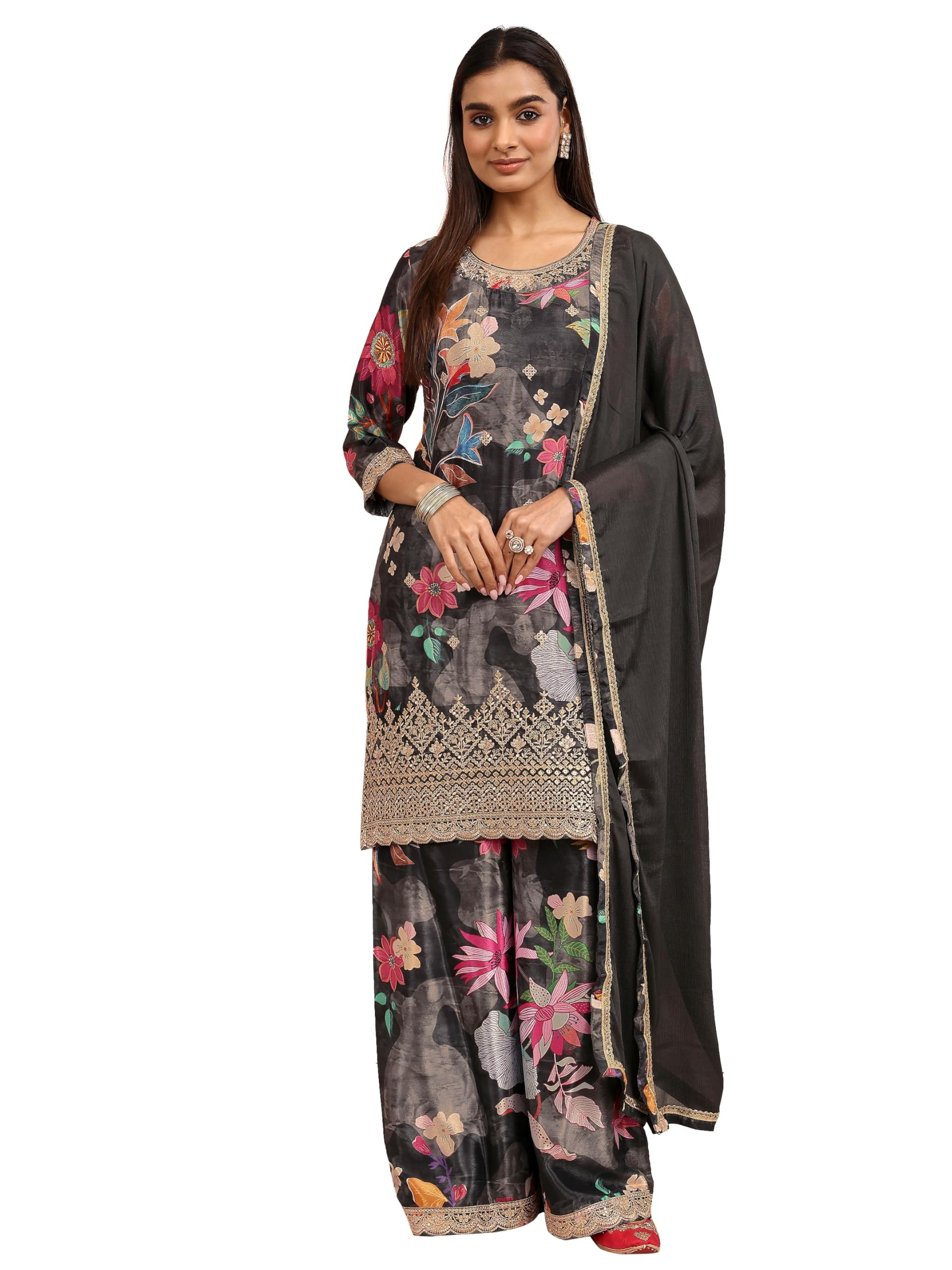 Libas Printed Chinon Straight Kurta With Palazzos With Dupatta (51845Xxl)