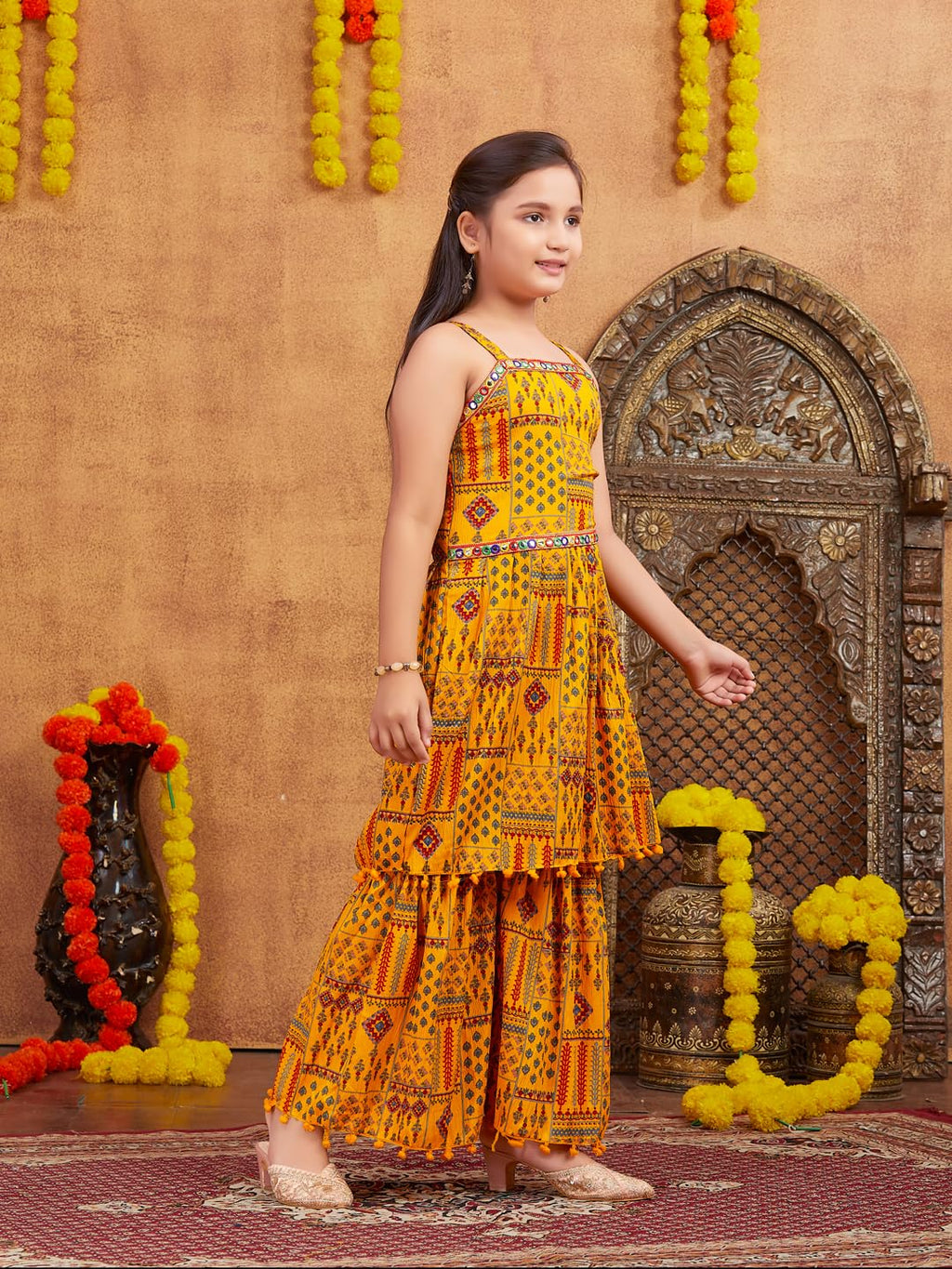 Aarika Girls Ethnic Wear Yellow Colour Printed Mirror Lace Polyester Kurti Sharara Set (4-10 Years)