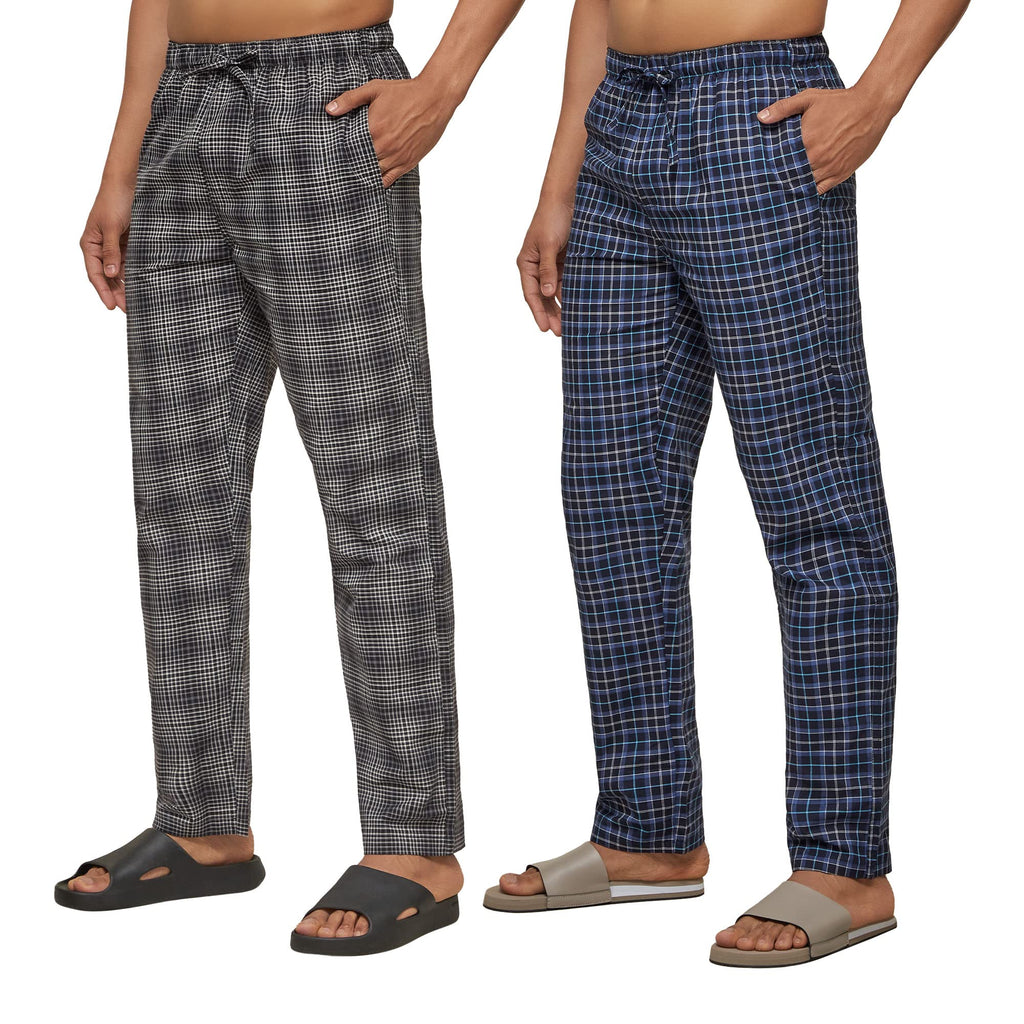 XYXX Mens Super Combed Cotton Checkered Checkmate Pyjamas [Pack of 2] Elasticated Waist, Drawstring | Loungewear for Men in Blu
