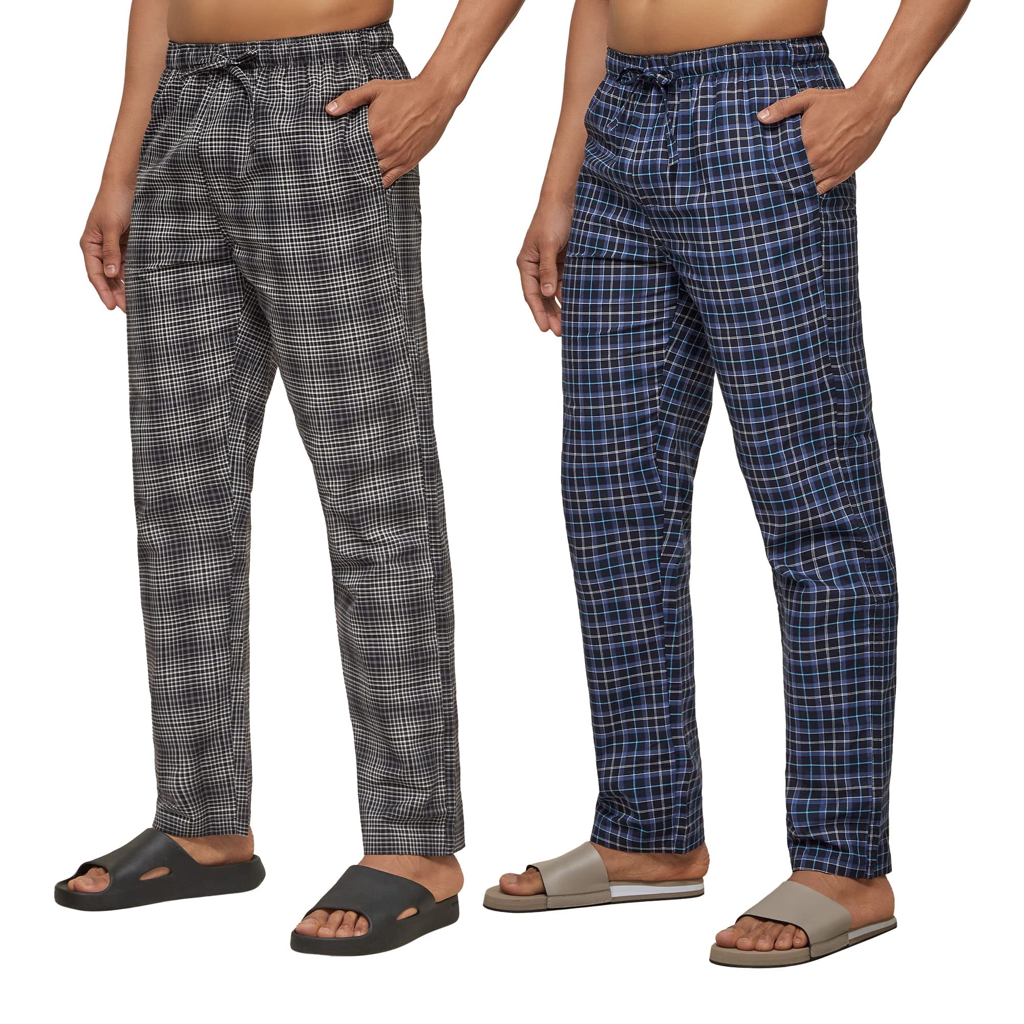 XYXX Mens Super Combed Cotton Checkered Checkmate Pyjamas [Pack of 2] Elasticated Waist, Drawstring | Loungewear for Men in Blu
