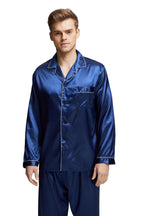 Tony & Candice Men's Classic Satin Pajama Set Sleepwear (Medium, Blue with White Piping)