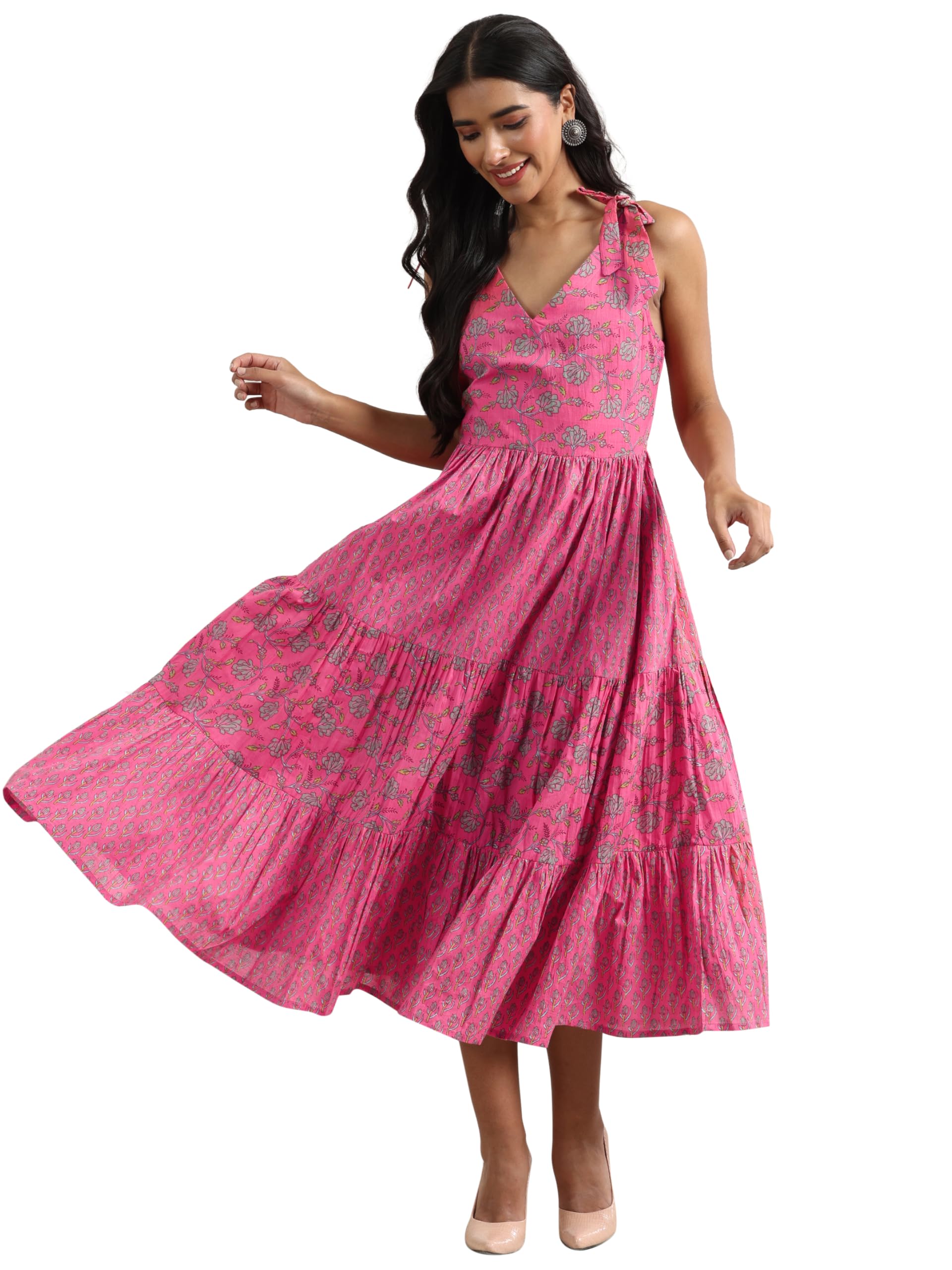Libas WomenS Cotton Fit And Flare Maxi Dresses (29436O_Pink_Xxl)