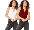Shasmi Womens & Girls Solid Ribbed Polo Club Collar Sleeveless Slim Fit Simplicity Tank Tops (Pack of 2) (TOP 49 White Maroon 