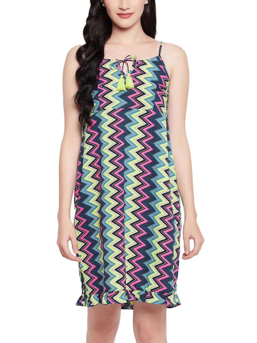 Clovia Women'S Crepe Chevron Print Resort Wear Slip Dress With Ruffles (Rw0055P19_Multi_Xl) Multicolour