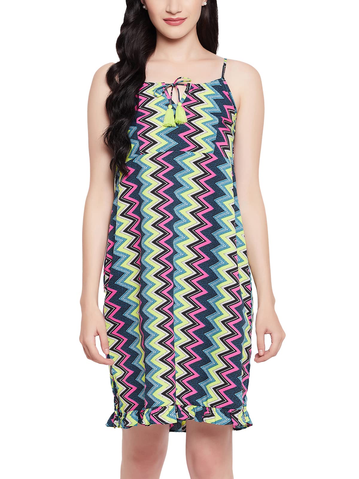Clovia Womens Crepe Chevron Print Resort Wear Slip Dress with Ruffles (RW0055P19_Multi_L) Multicolour