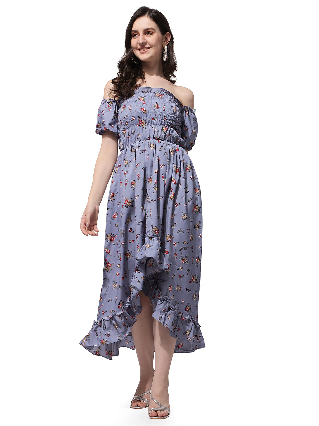 Oomph! Flared Dress For Women Stylish | Long One Piece For Women | Off Shoulder Puff Sleeve Long Dress | Floral Print Maxi One P
