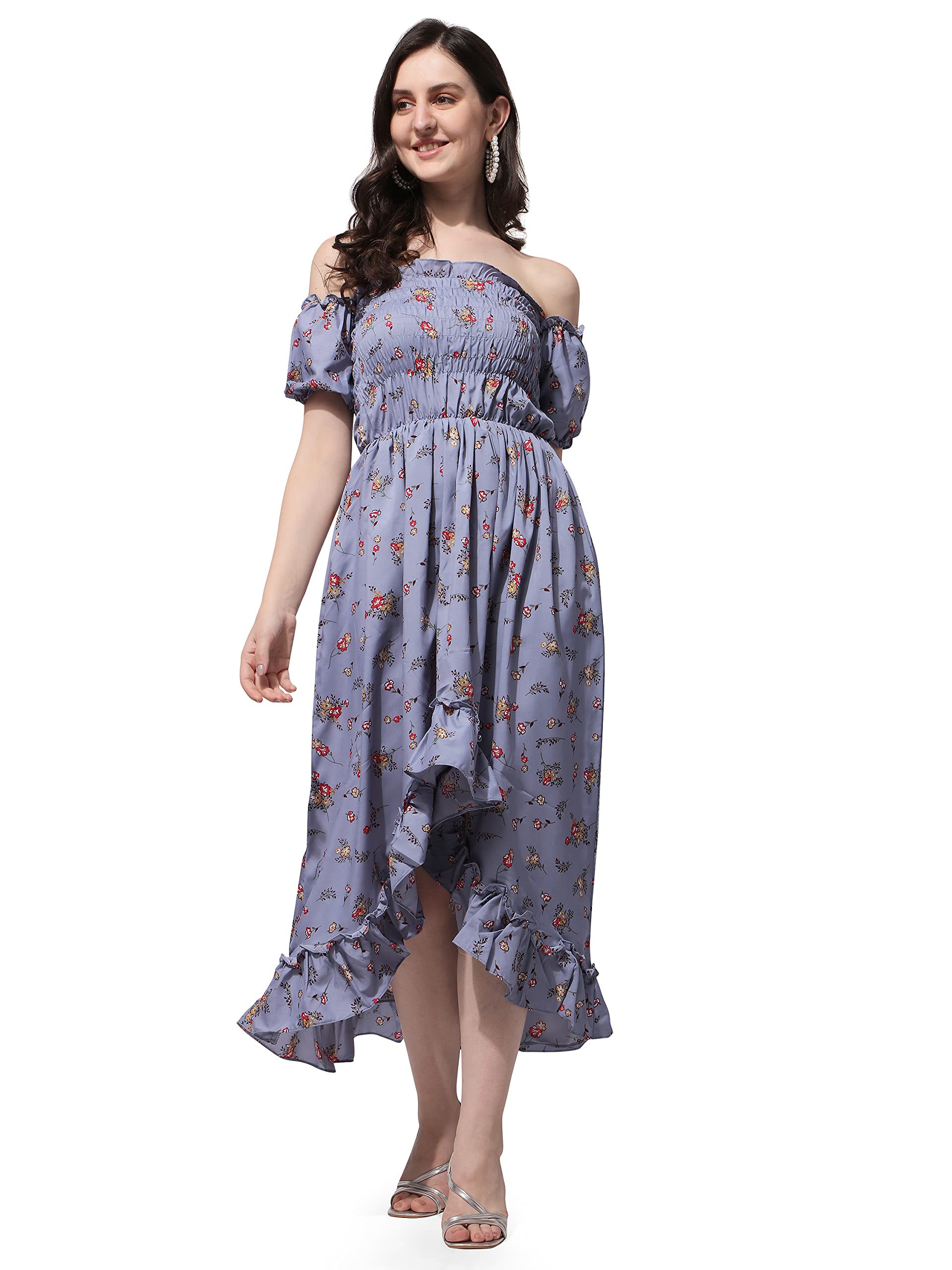 Oomph! Flared Dress For Women Stylish | Long One Piece For Women | Off Shoulder Puff Sleeve Long Dress | Floral Print Maxi One P