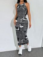 Toochki Dress for Women | One Piece Dresses | Midi Bodycon for Womens | Newspaper Printed Body con Black