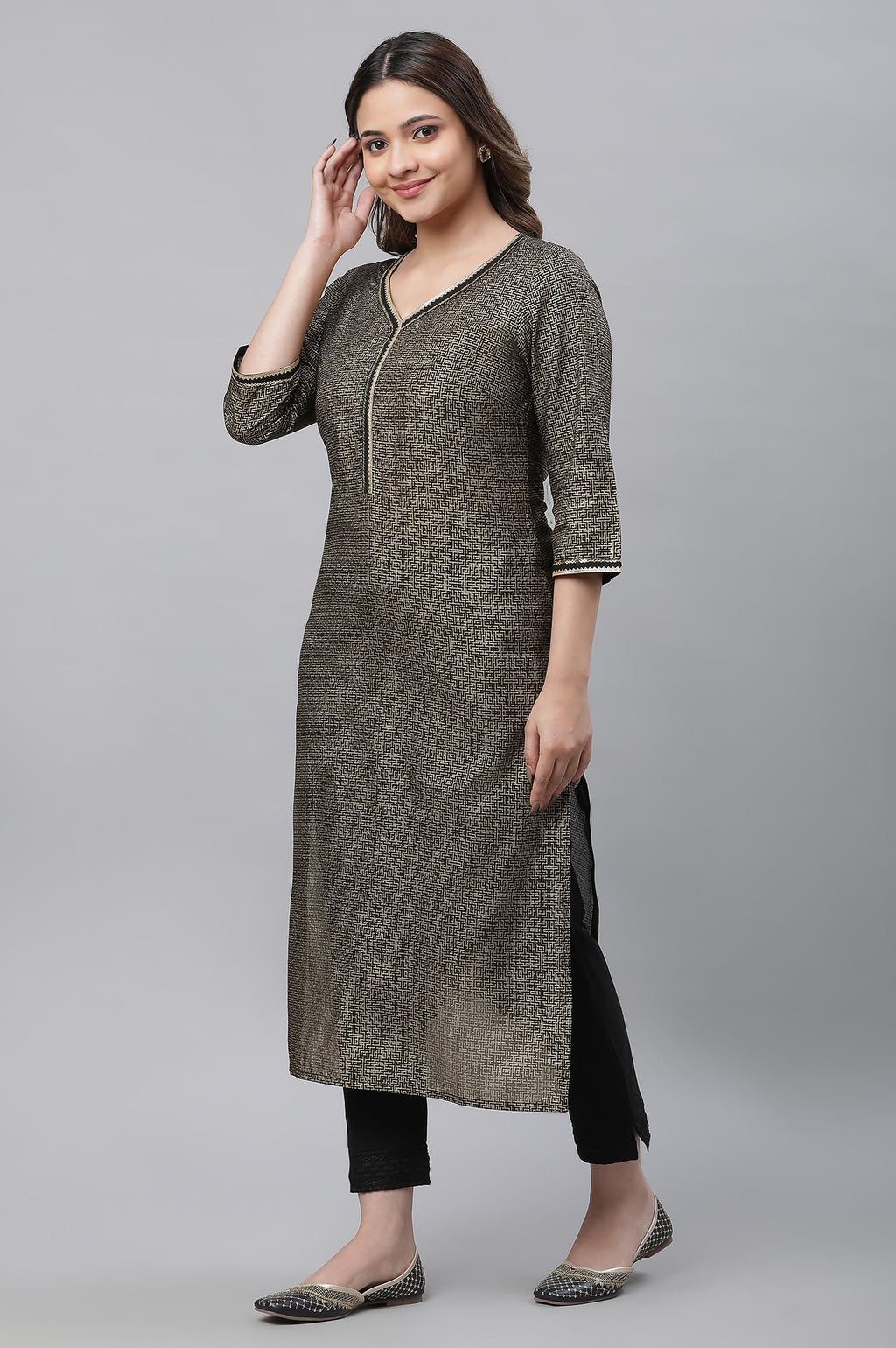 Aurelia Black Geometric Printed Printed Cotton Straight Long Kurta For Women
