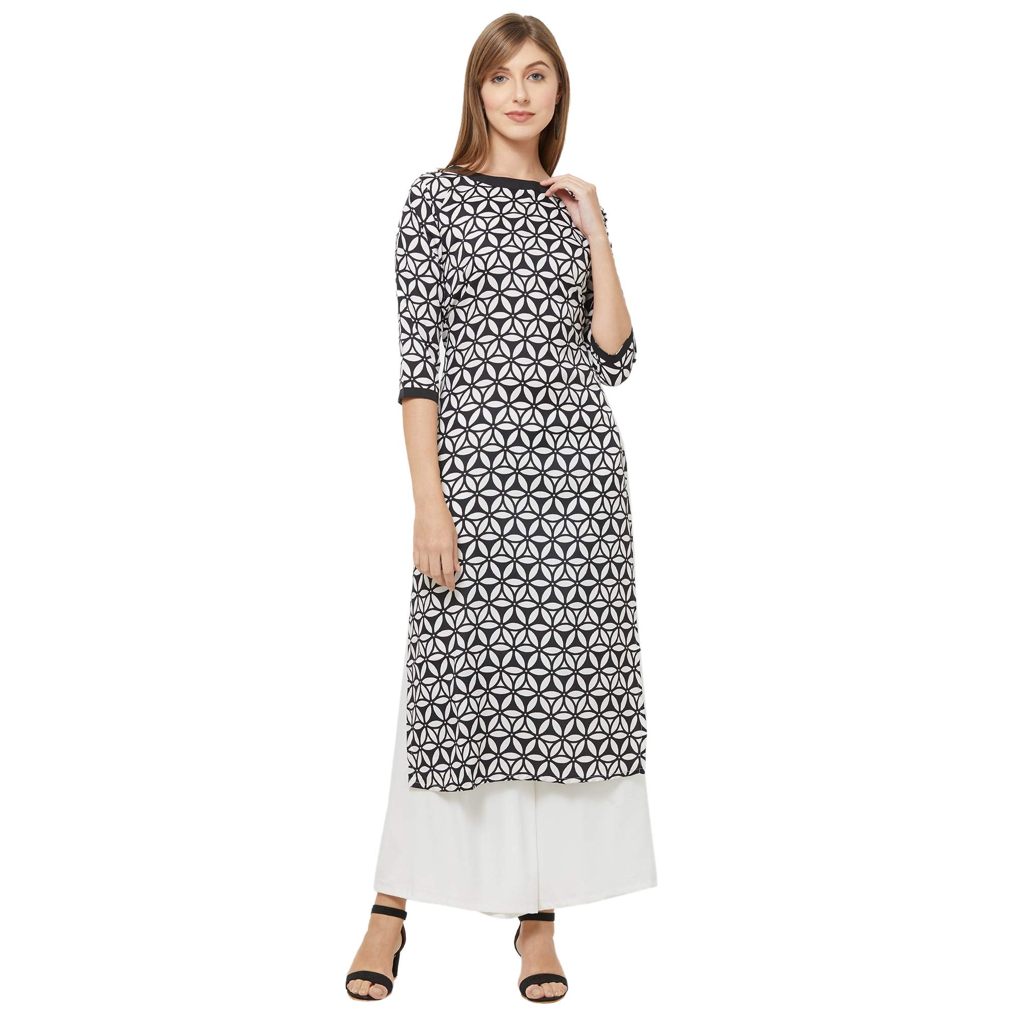 Gosriki WomenS Black & White Color Straight Crepe Printed Kurta & Palazzo Set(What-65543_Black & White)