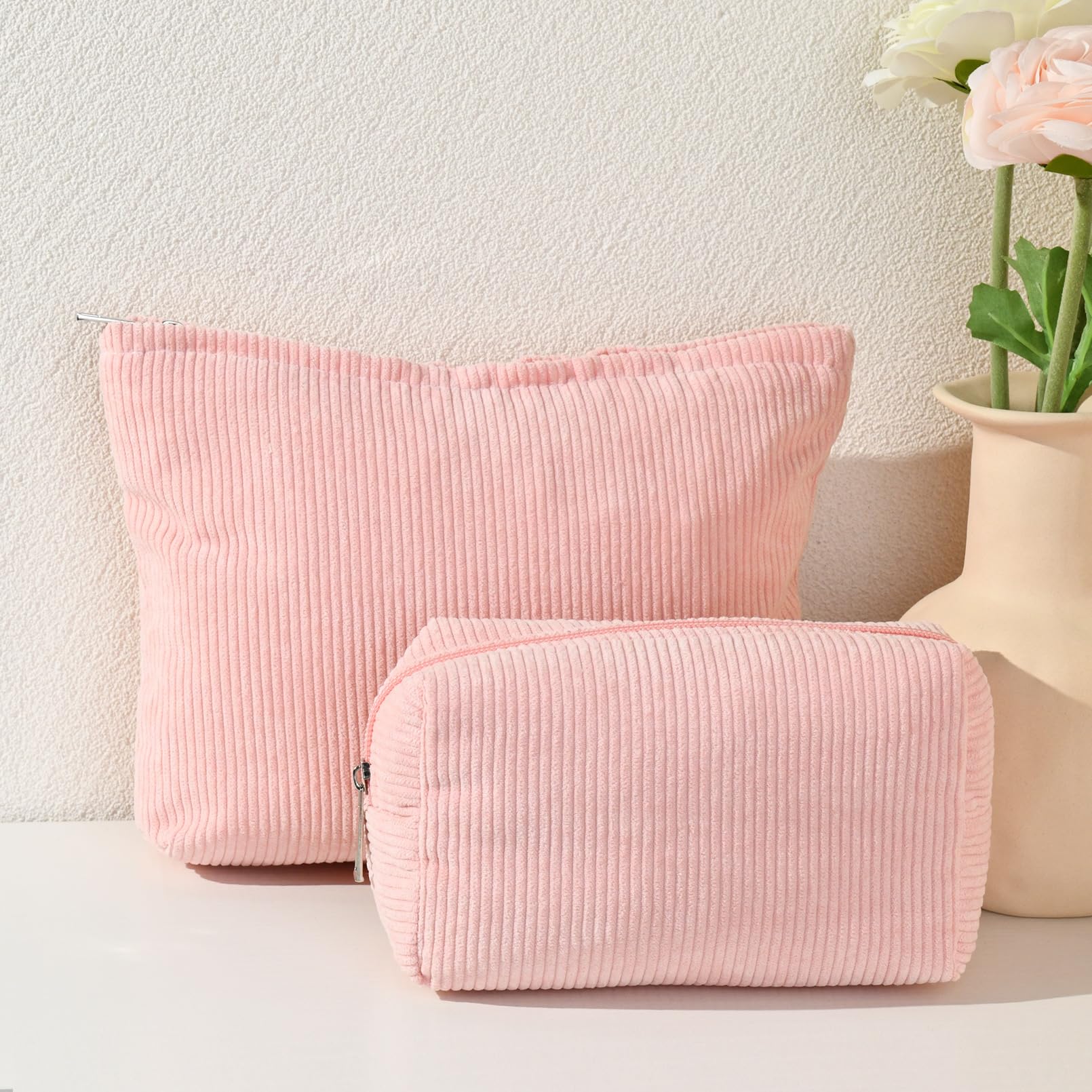SOIDRAM 2 Pieces Makeup Bag Large Corduroy Cosmetic Bag Capacity Canvas Mix Travel Toiletry Bag Organizer Cute Makeup Brushes Ae
