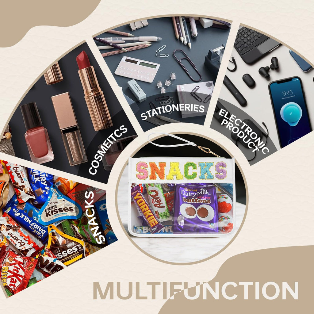 Burskit Snack Bag Clear Chenille Varsity Letter Zipper Pouch for Travel Nylon Clear Cosmetic Bag Makeup Travel Bag for Women (Wh