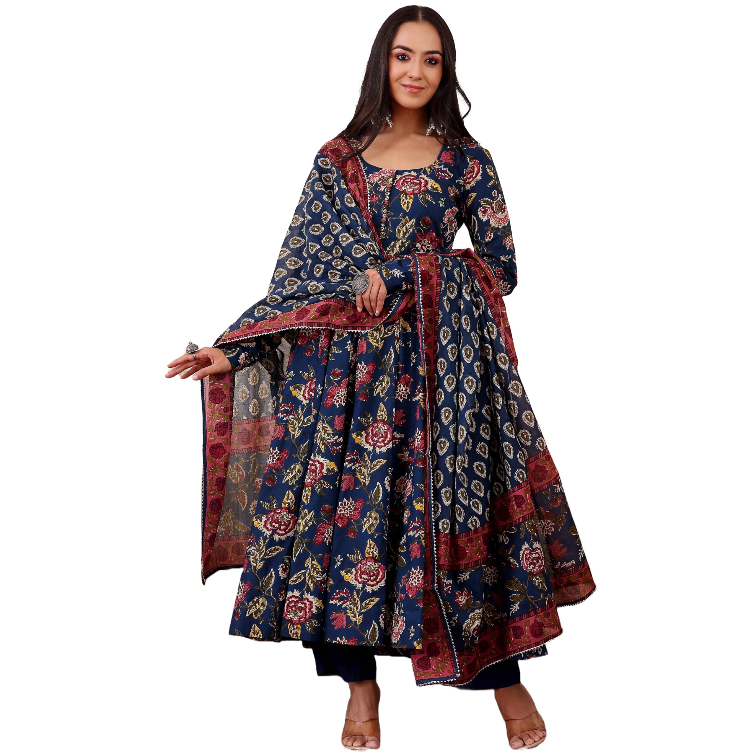 ANNI DESIGNER Women s Printed Rayon Blend Kurta with Pants and Dupatta, Blue, XL