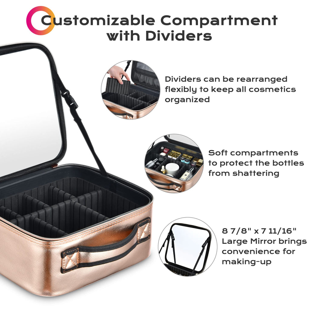 BYOOTIQUE Large Makeup Bag Travel Portable Cosmetic Storage Case with Mirror & Adjustable Dividers Organizer for Cosmetics Makeu