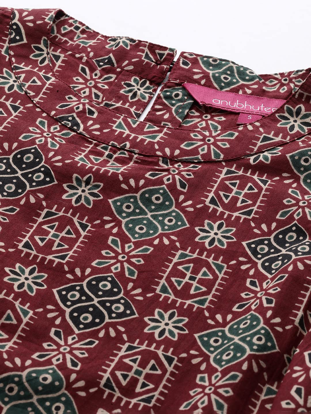 Anubhutee Women'S Pure Cotton Maroon Ethnic Motifs Printed Straight Kurta