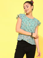 OOMPH! Womens Georgette Printed top with Boat Neck and Butterfly Sleeve