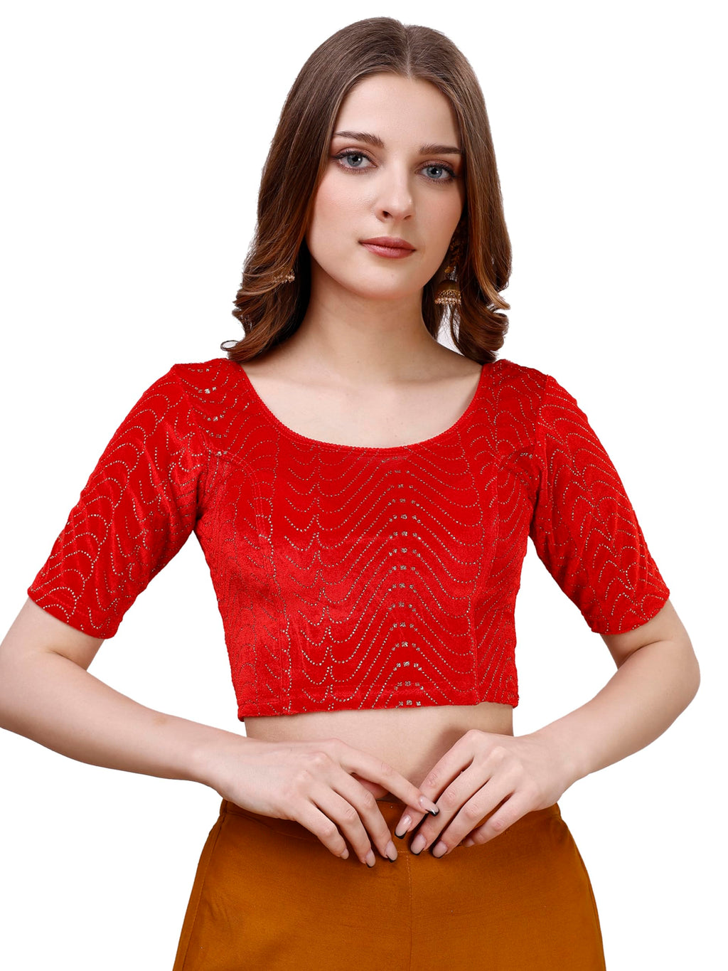 Pujia Mills WomenS Readymade Hosiery Velvet Lycra Stretchable Round Neck Half Sleeve Blouse With Jari Work Fancy Red Color Lycr