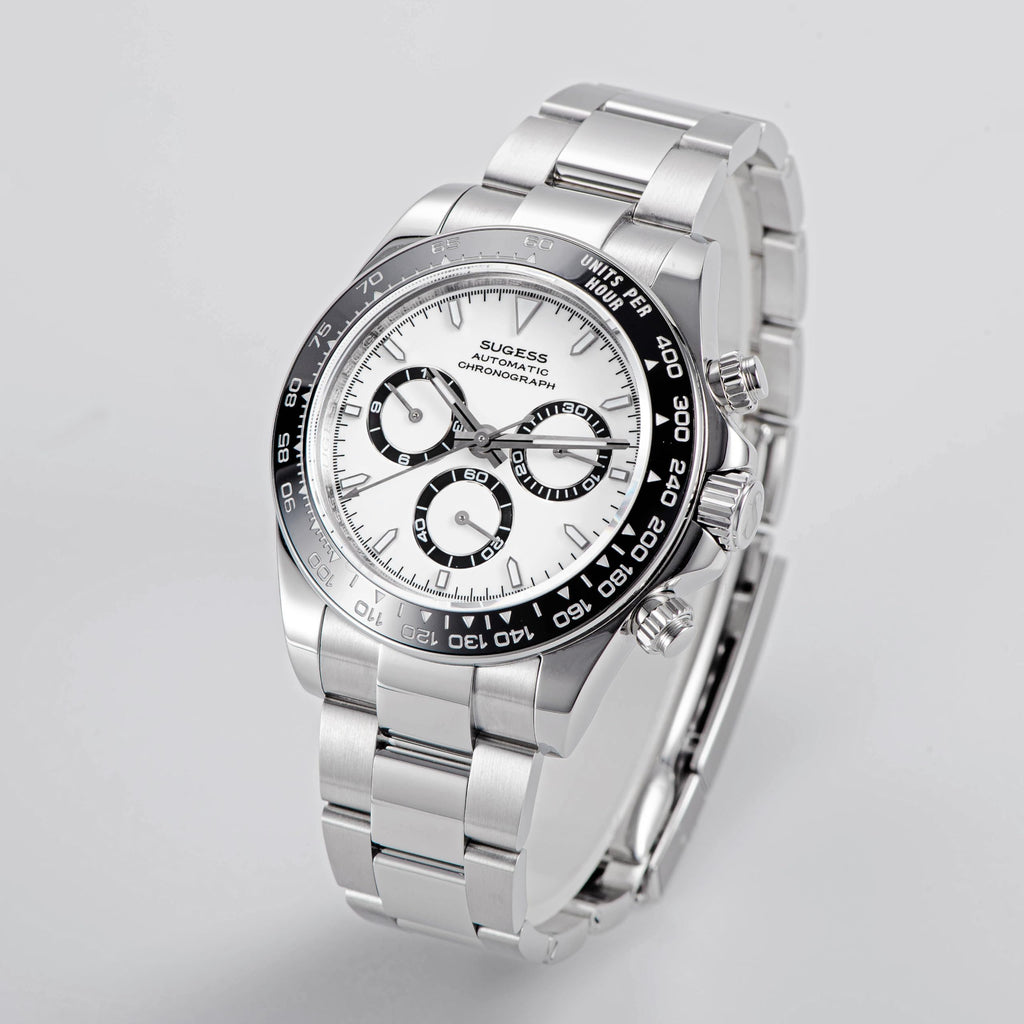 Sugess S418-2.002.S Chrono Racing Genuine Ceramic Bezel High Beat 41 Jewels SL4801 Chronograph Mens Watch, SILVER