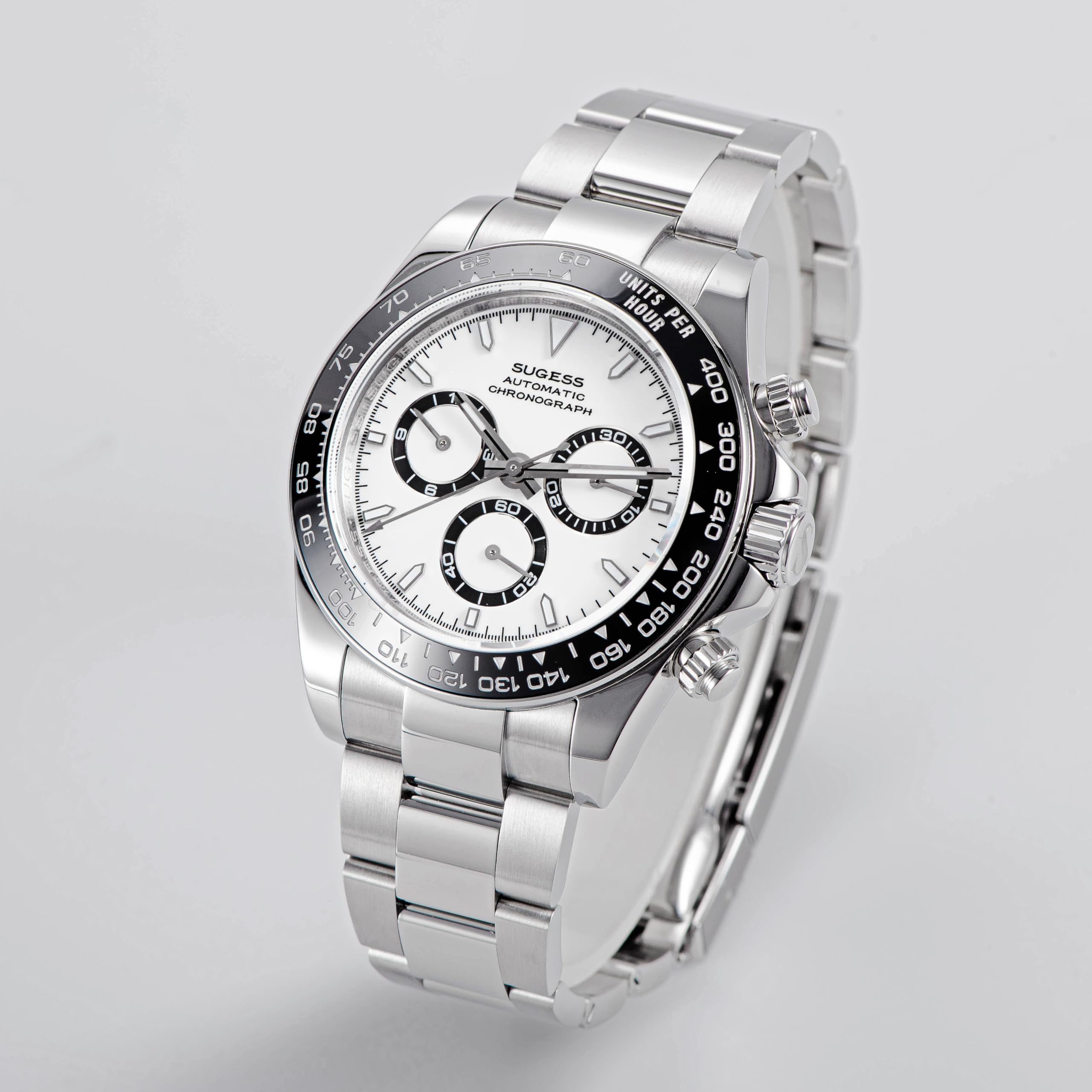 Sugess S418-2.002.S Chrono Racing Genuine Ceramic Bezel High Beat 41 Jewels SL4801 Chronograph Mens Watch, SILVER