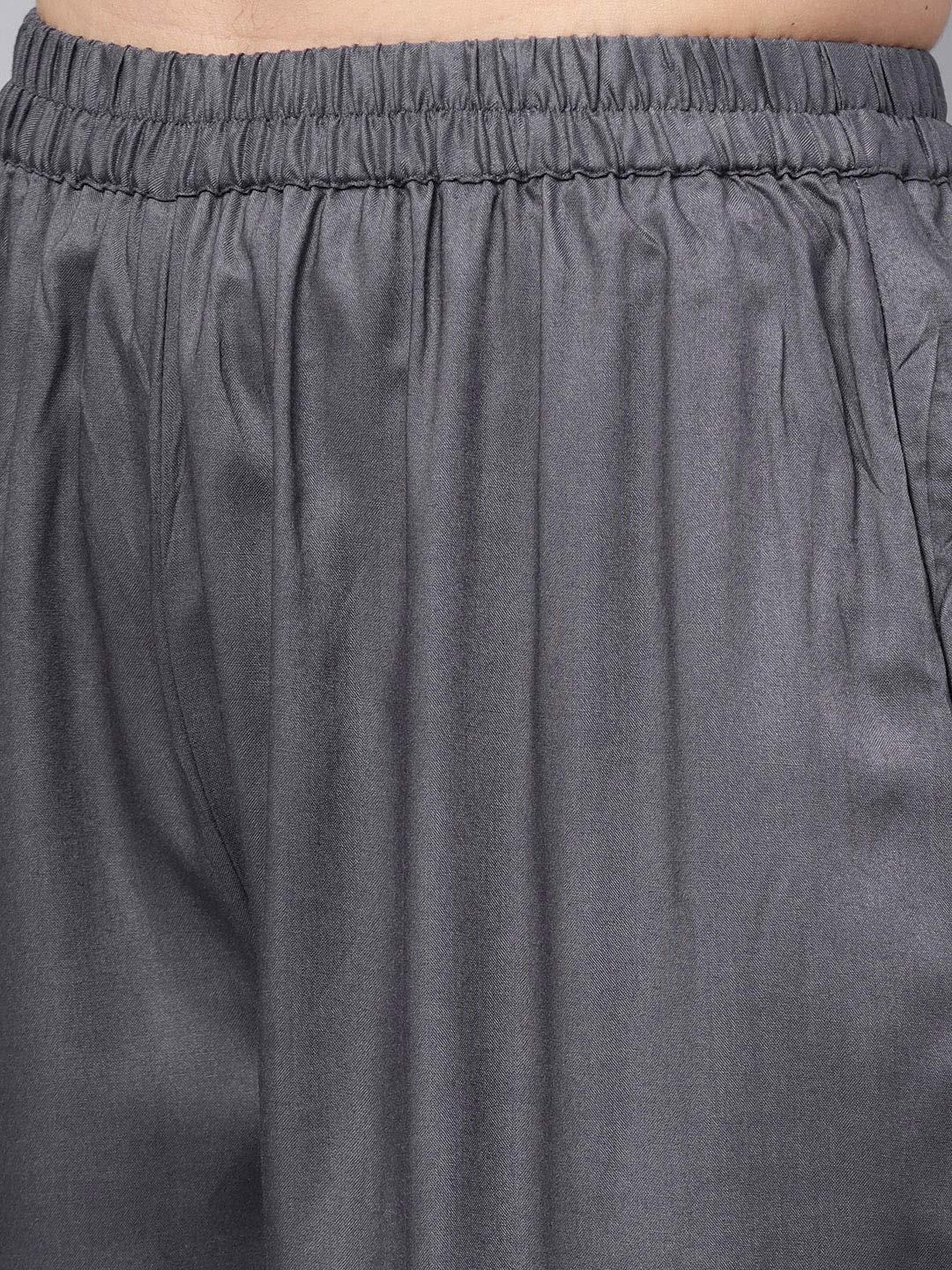 Idalia Rayon Solid A-Line Grey Kurta Set For Women Stylish Boat Neck Design Kurta Set With Palazzo Pant Set For Wedding & Festiv