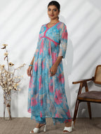 Libas Womens Printed Chiffon A-Line Kurta With Palazzos And Dupatta