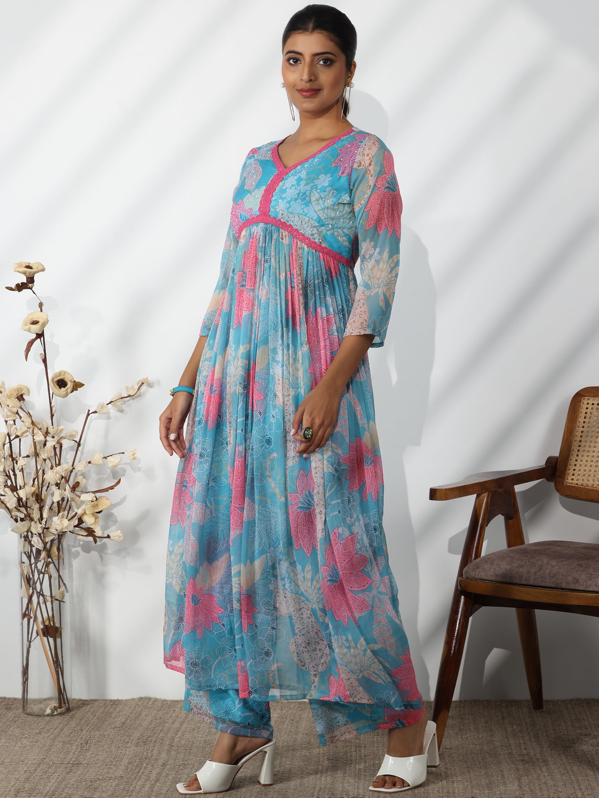 Libas Womens Printed Chiffon A-Line Kurta With Palazzos And Dupatta