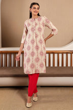 W Beige Floral Printed Regular Kurta for Women