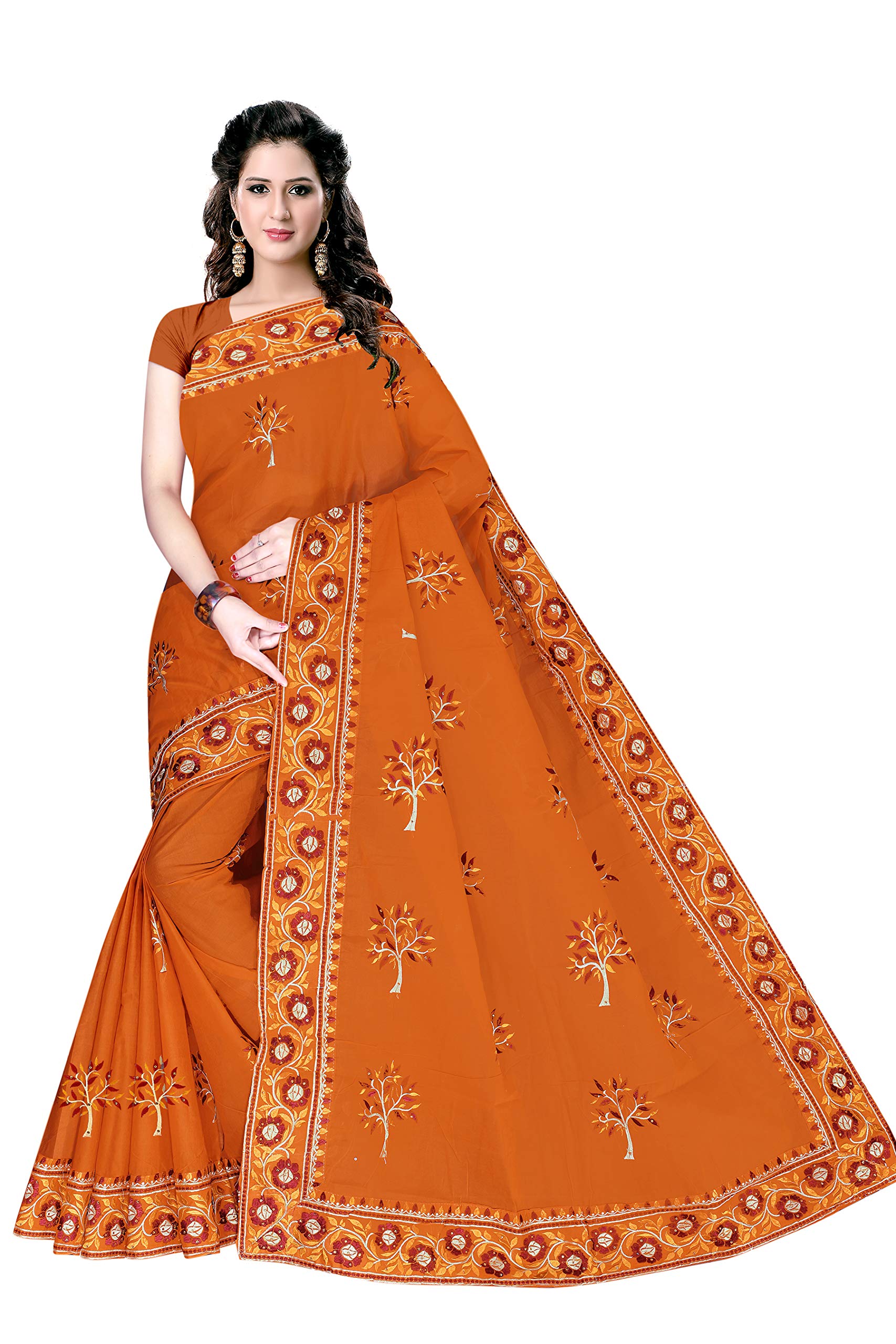 TAMAIRA FASHION Womens Plain Weave Pure Cotton Saree with Heavy Embroidery and stone work Without Blouse Piece (Mustard)