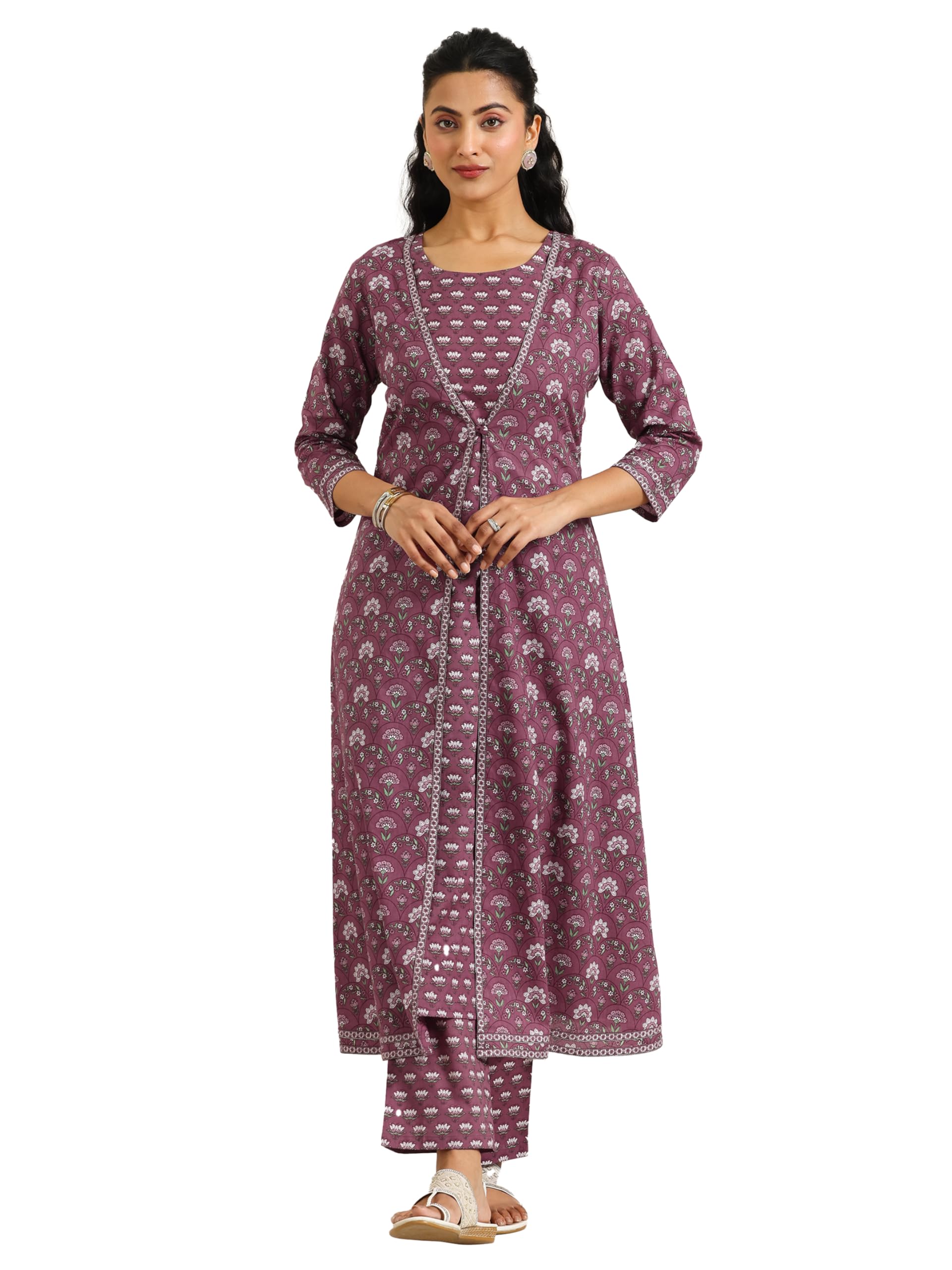 Libas Womens Printed Cotton Straight Kurta With Trousers And Shrug