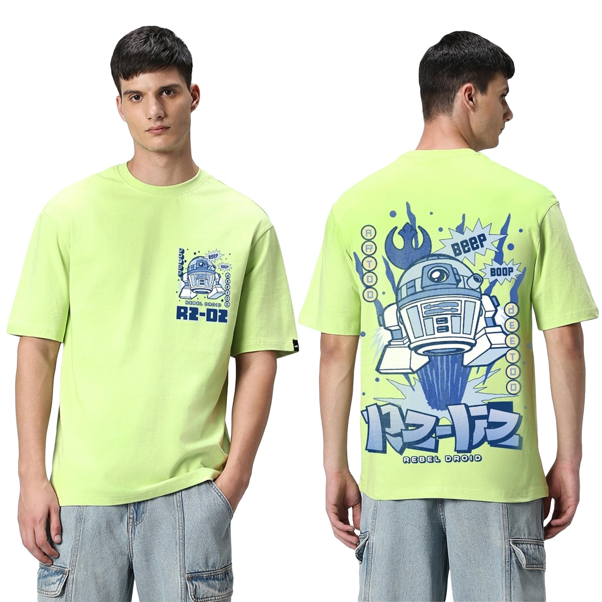 Bewakoof Official Star Wars Merchandise Mens Graphic Printed Oversized Fit Half Sleeve Round Neck Cotton T-Shirt_634223_Green_X